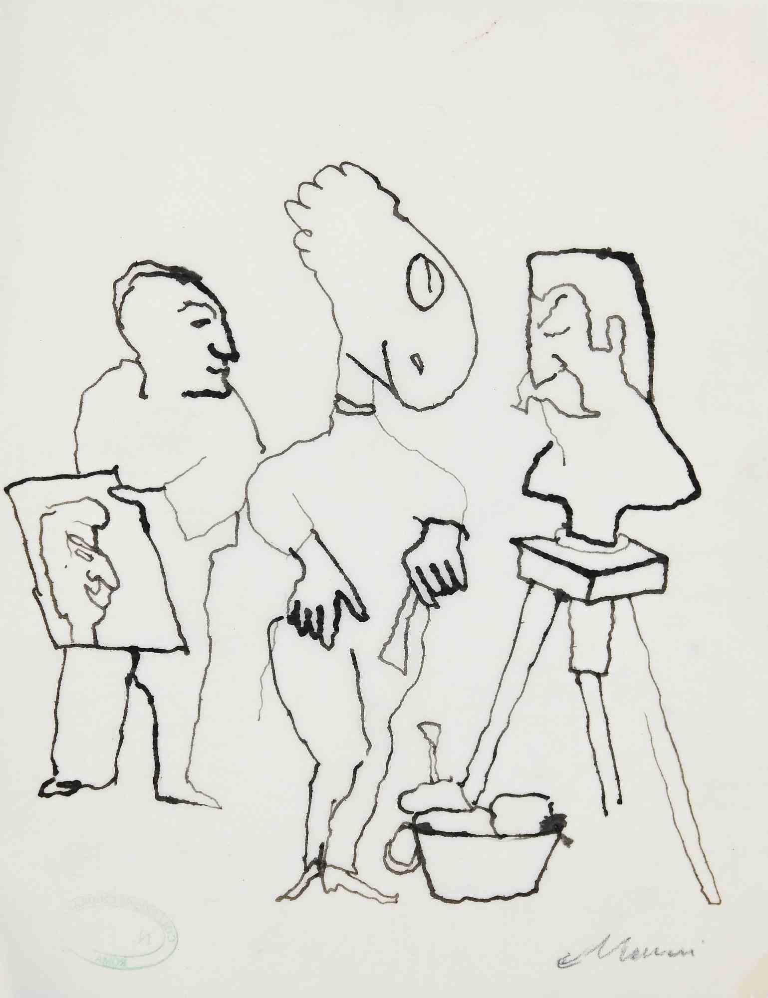 The Sculptor and The Painter is an original China Ink Drawing realized by Mino Maccari in mid-20th Century.

Good condition on a tissue paper.

Hand-signed by the artist with pencil.

Mino Maccari (1898-1989) was an Italian writer, painter, engraver