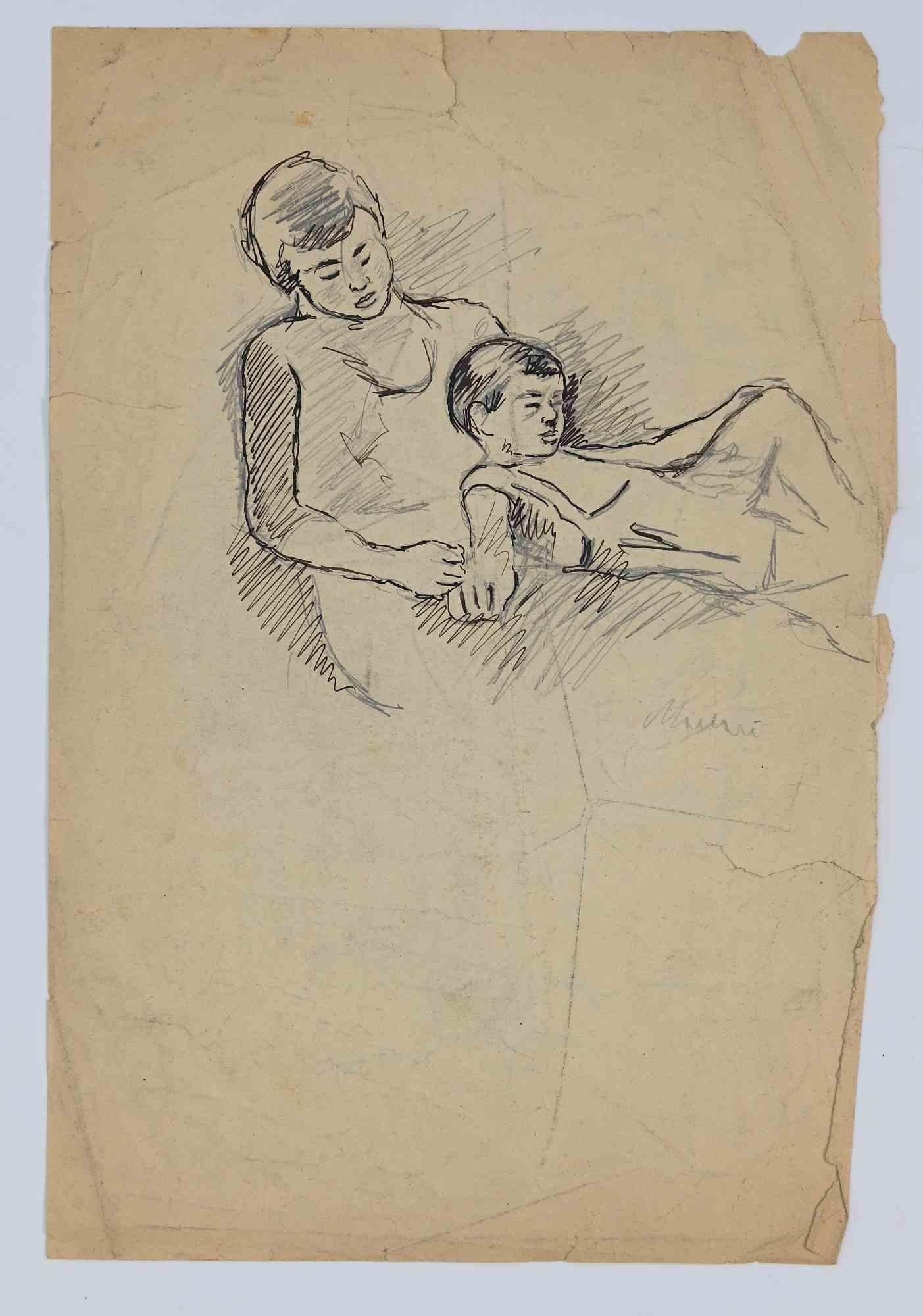 mother and child line drawing
