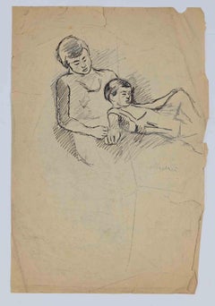 Mother and Child - China Ink By Mino Maccari - Mid 20th Century