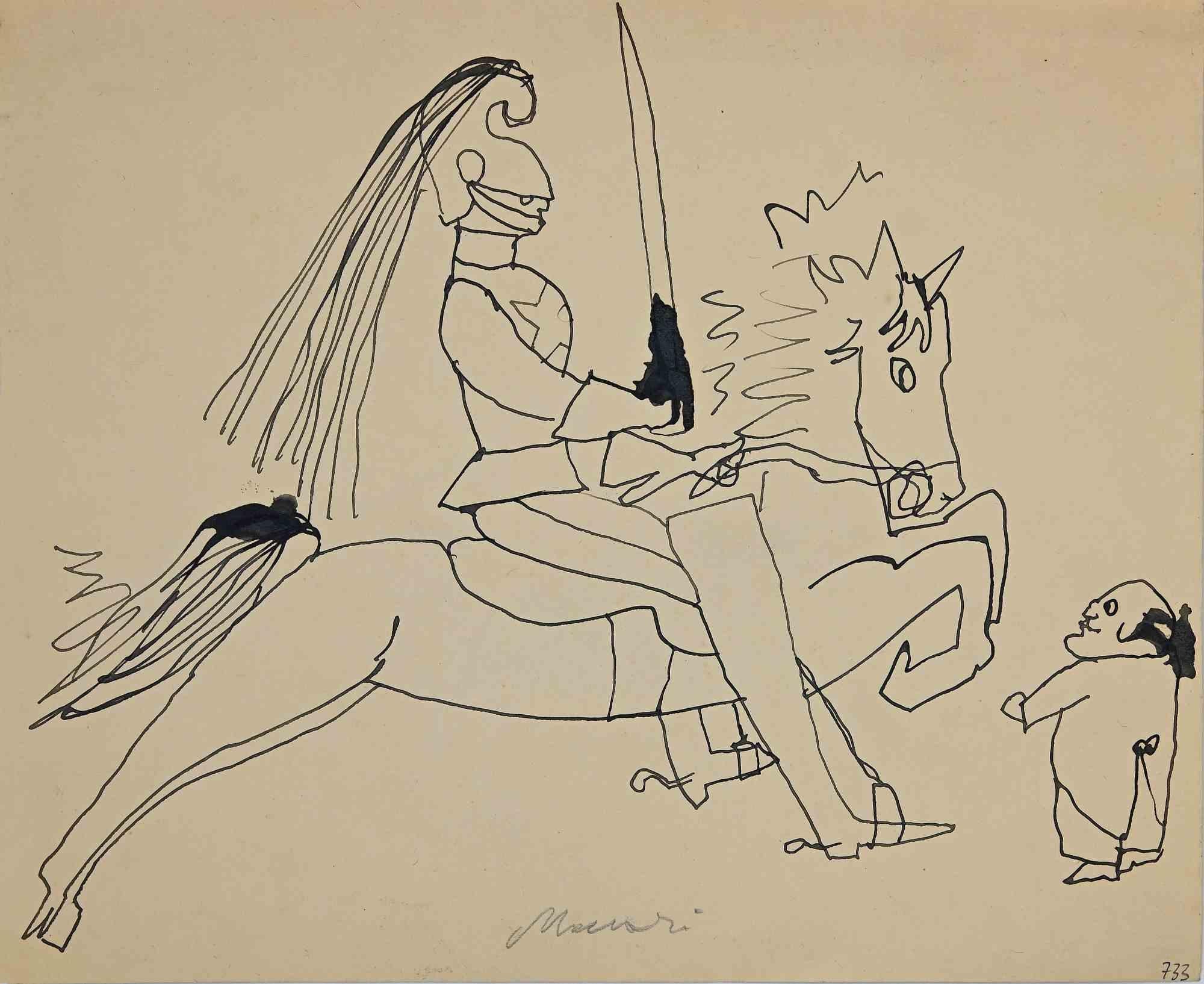 Ritter und Pferd ist eine originale Tuschezeichnung von Mino Maccari aus der Mitte des 20.

Guter Zustand auf vergilbtem Papier.

Handsigniert vom Künstler mit Bleistift.

Mino Maccari (1898-1989) war ein italienischer Schriftsteller, Maler, Graveur