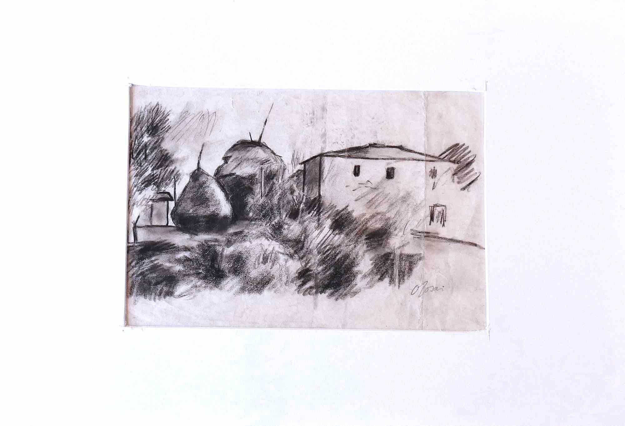 Unknown Landscape Art - The Village - Original Drawing in Charcoal - Mid-20th Century