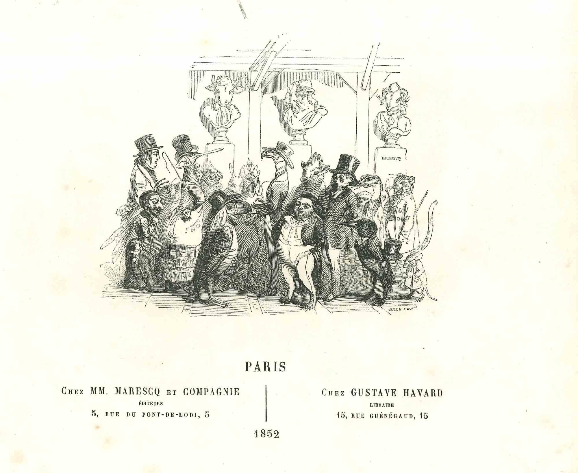 At The Exhibition - Original Lithograph by J.J Grandville - 1852