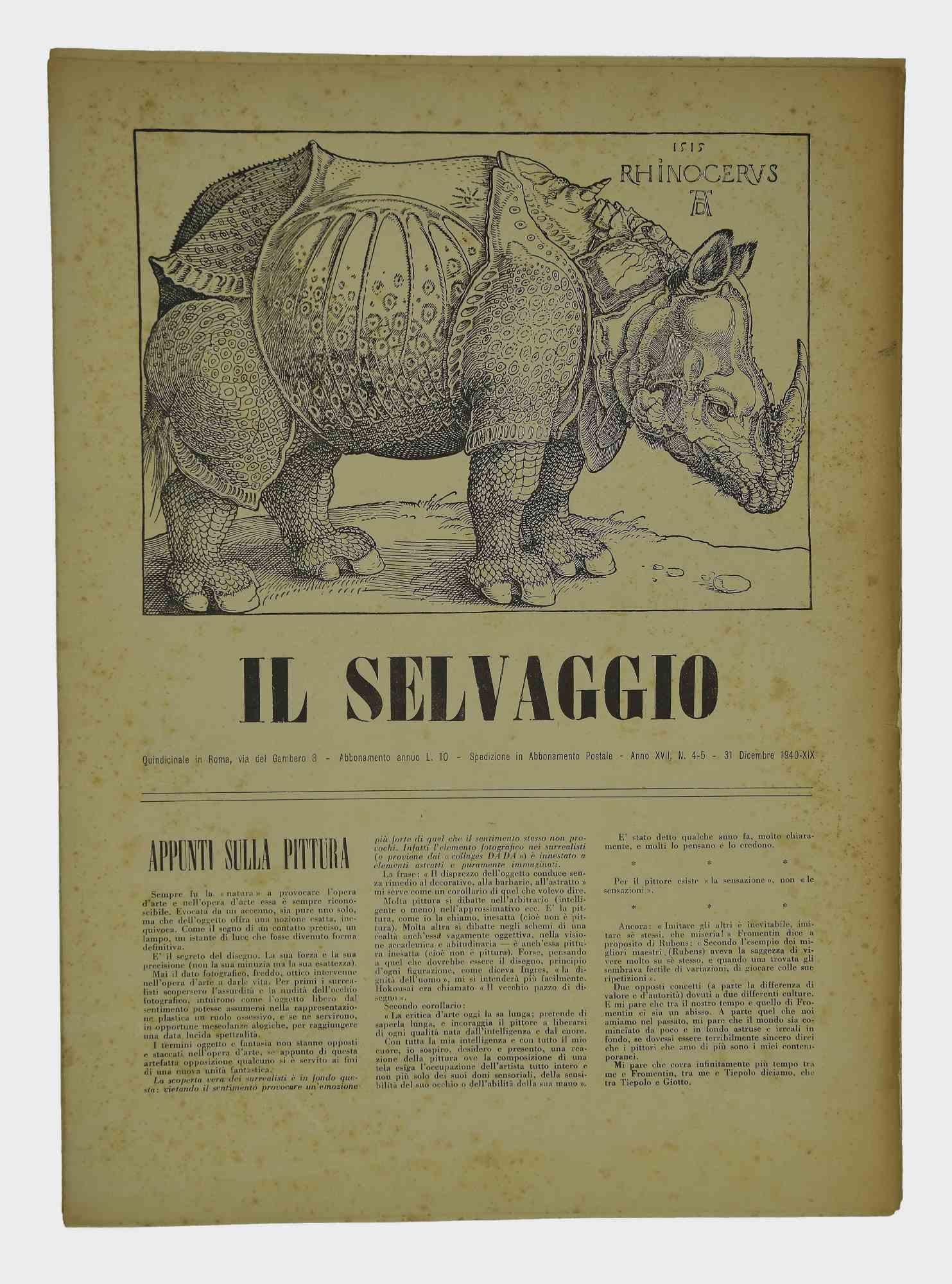 Flipping through a few pages of " Il Selvaggio, No.4-5 1940 " 31 Dicembre 1940-Anno-XIX", "Annual supporter subscription - Una copia 40 Cent - Fortnightly Newspaper letters arts and sciences".

Engravings by the artist Mino Maccari

Good