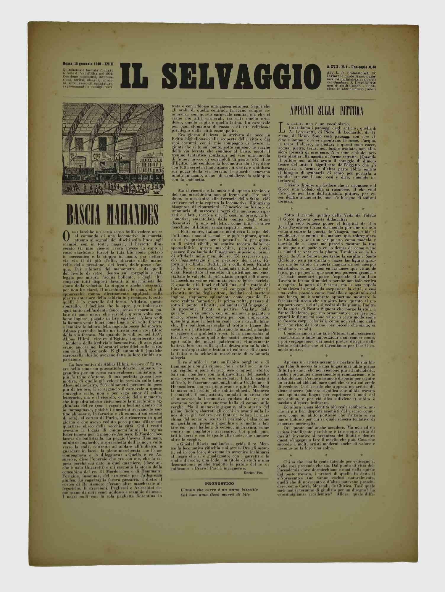 Hojeando algunas páginas de " Il Selvaggio, No.1 1940 " 15 Gennaio 1940-Anno-XVIII", "Suscripción anual simpatizante - Una copia 40 Cent - Periódico quincenal letras artes y ciencias".

Grabado del artista Mino Maccari

Buenas condiciones.

 
