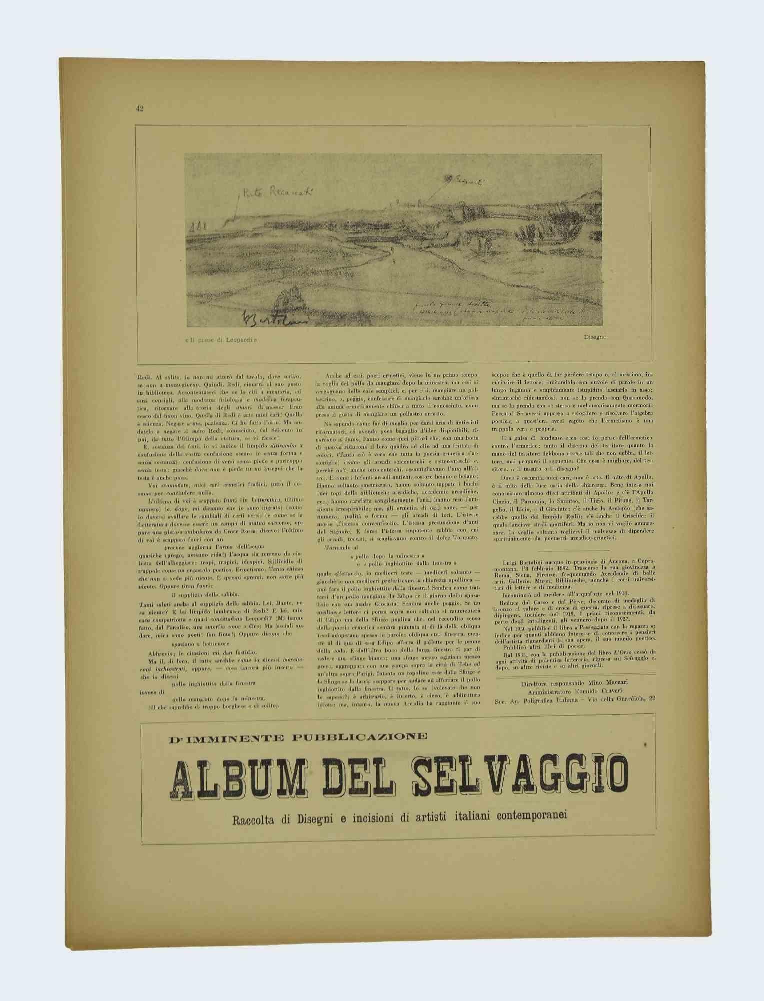 Sfogliando alcune pagine de "Il Selvaggio, No.9-10- 1937 " 30 Novembre 1937-Anno-XVI ", "Abbonamento annuale sostenitori - Una copia 40 Cent - Giornale quindicinale lettere arti e scienze".

Incisione dell'artista Mino Maccari

Buone condizioni.