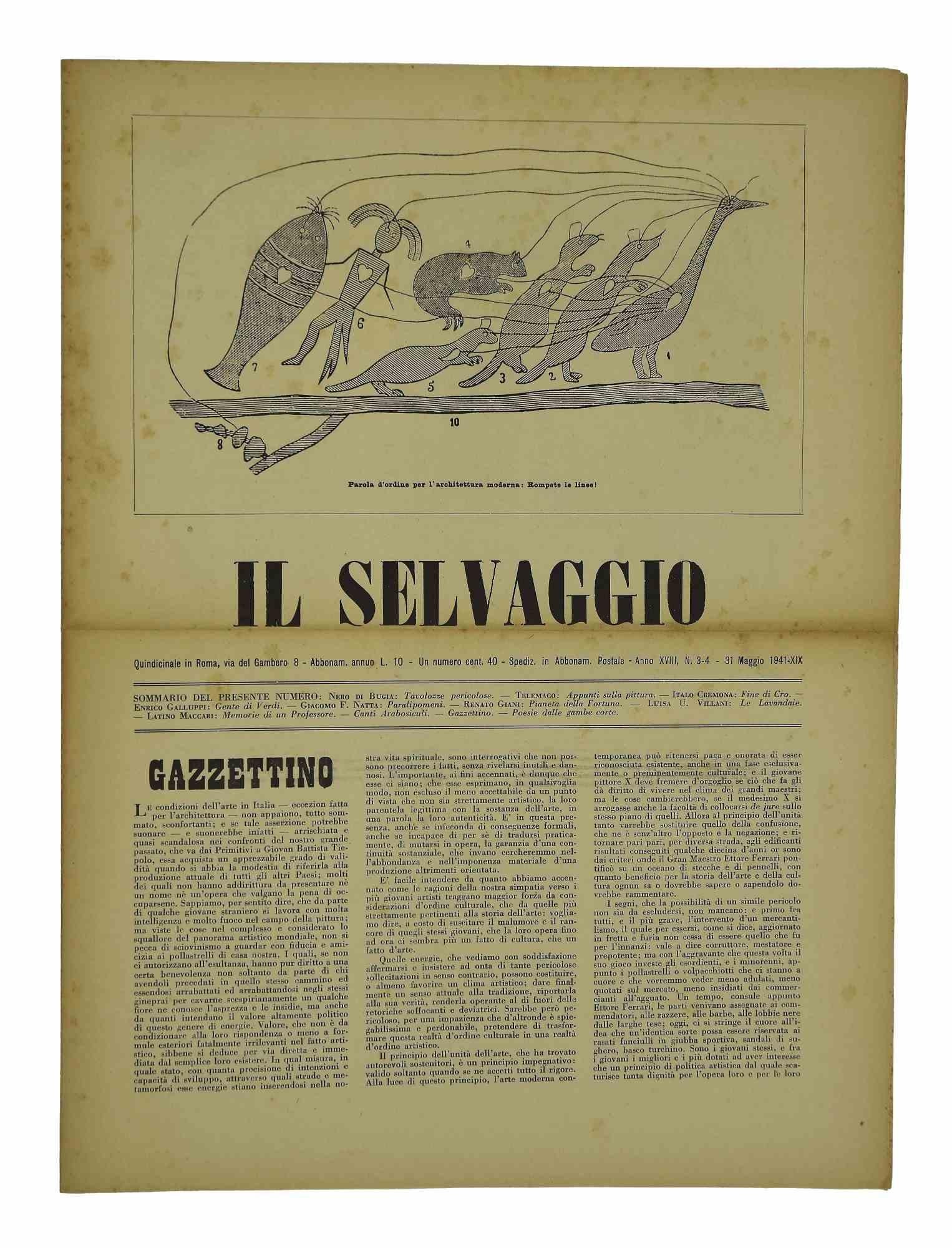 En feuilletant quelques pages de "  Il Selvaggio, no.3-4- 19418", "Abonnement annuel de soutien - Una copia 40 Cent - Journal bimensuel lettres arts et sciences", nous trouvons, dans le dossier Roma,15 Febbraio1934, Gravure de l'artiste Mino