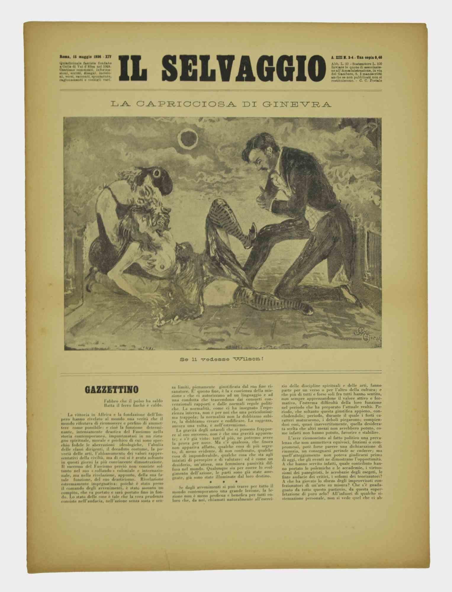 Flipping through a few pages of " Il Selvaggio, no.3-4- 1936 ", "Annual supporter subscription - Una copia 40 Cent - Fortnightly Newspaper letters arts and sciences", we find, in the dossier Roma,15 Febbraio1934, Engraving by the artist Mino