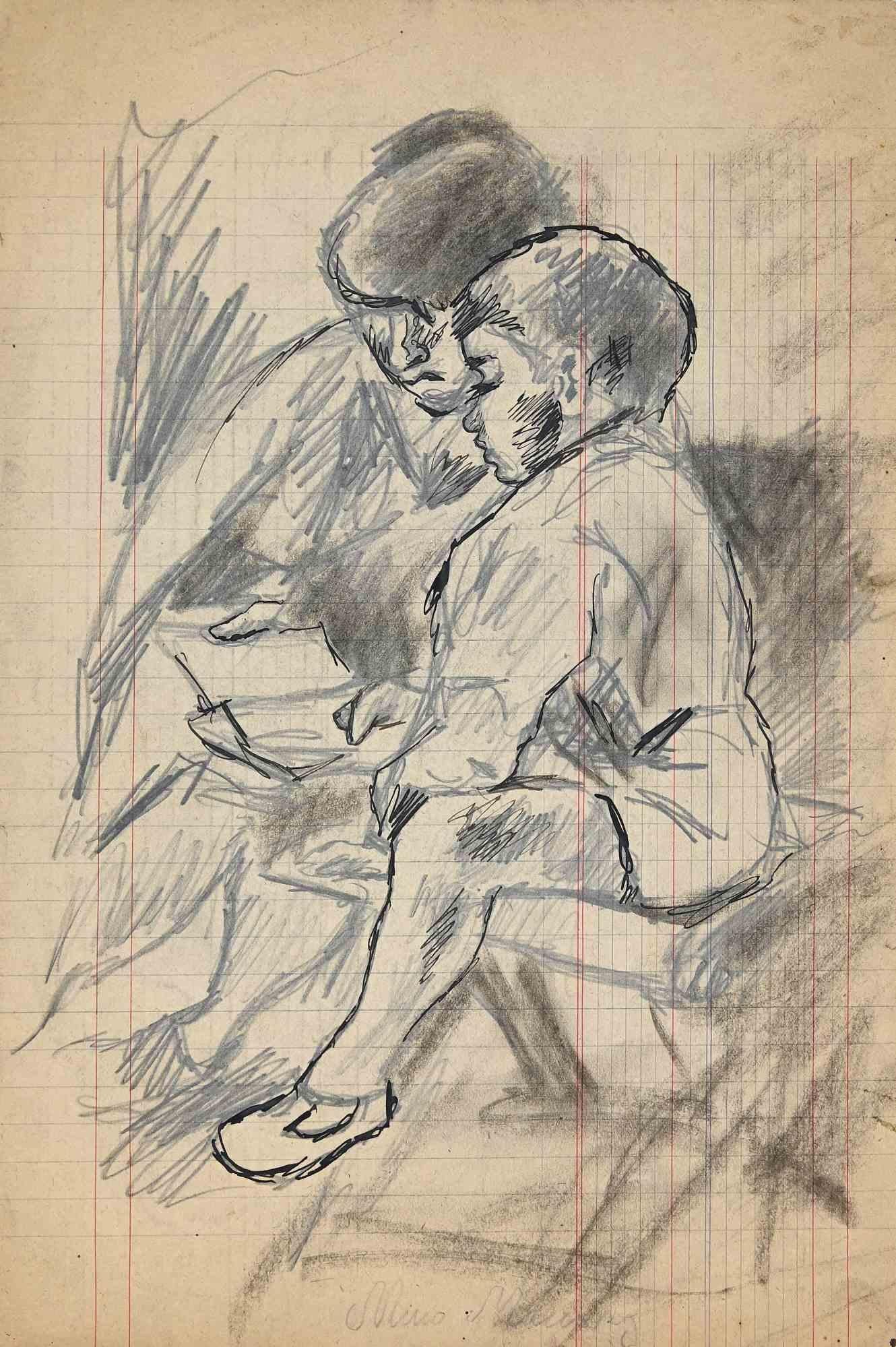 Mutter und Kind – Zeichnung von Mino Maccari – Mitte des 20. Jahrhunderts