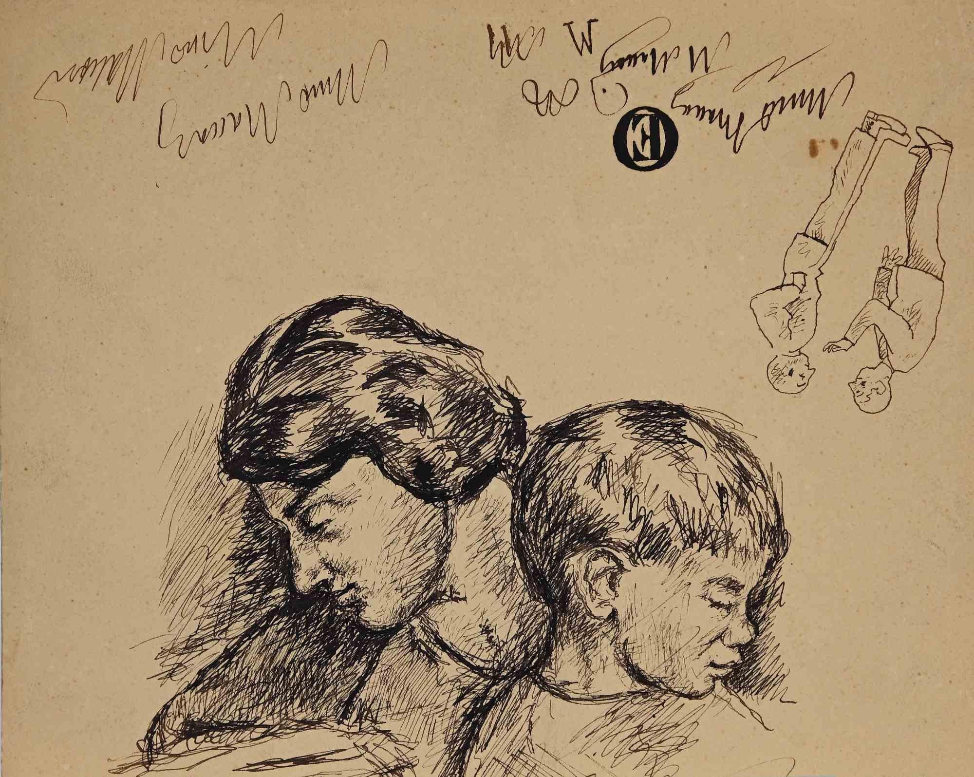 Mutter und Kind – Zeichnung von Mino Maccari – Mitte des 20. Jahrhunderts