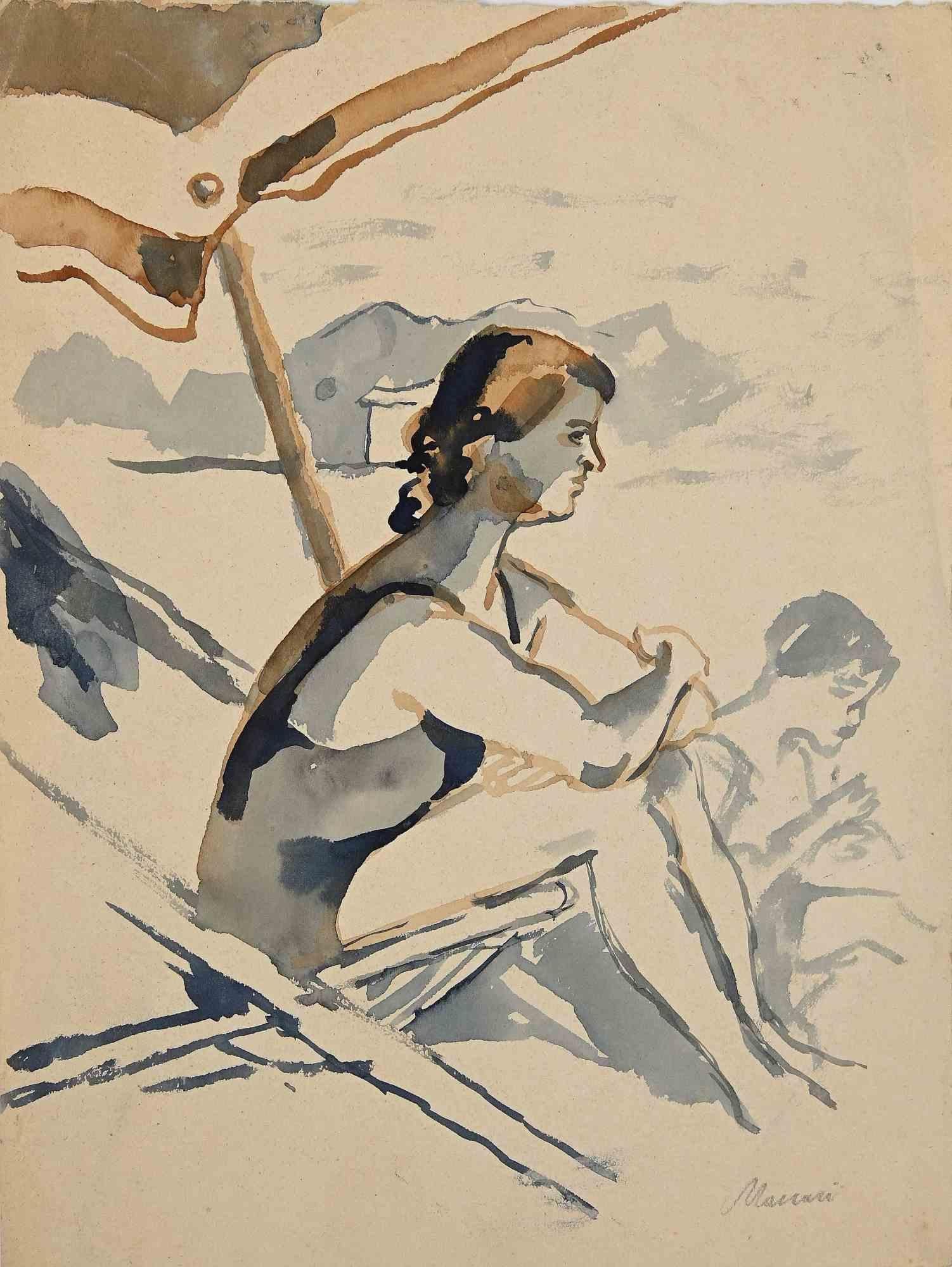 At the Beach – Zeichnung von Mino Maccari – Mitte des 20. Jahrhunderts