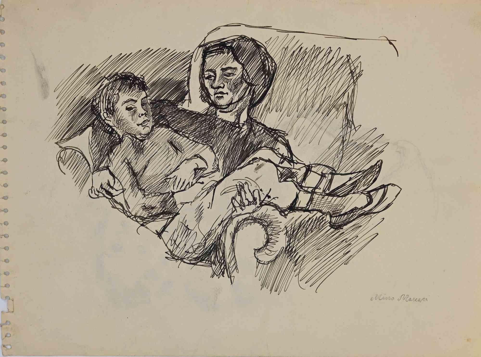 Mère et enfant - Dessin de Mino Maccari - Milieu du 20e siècle