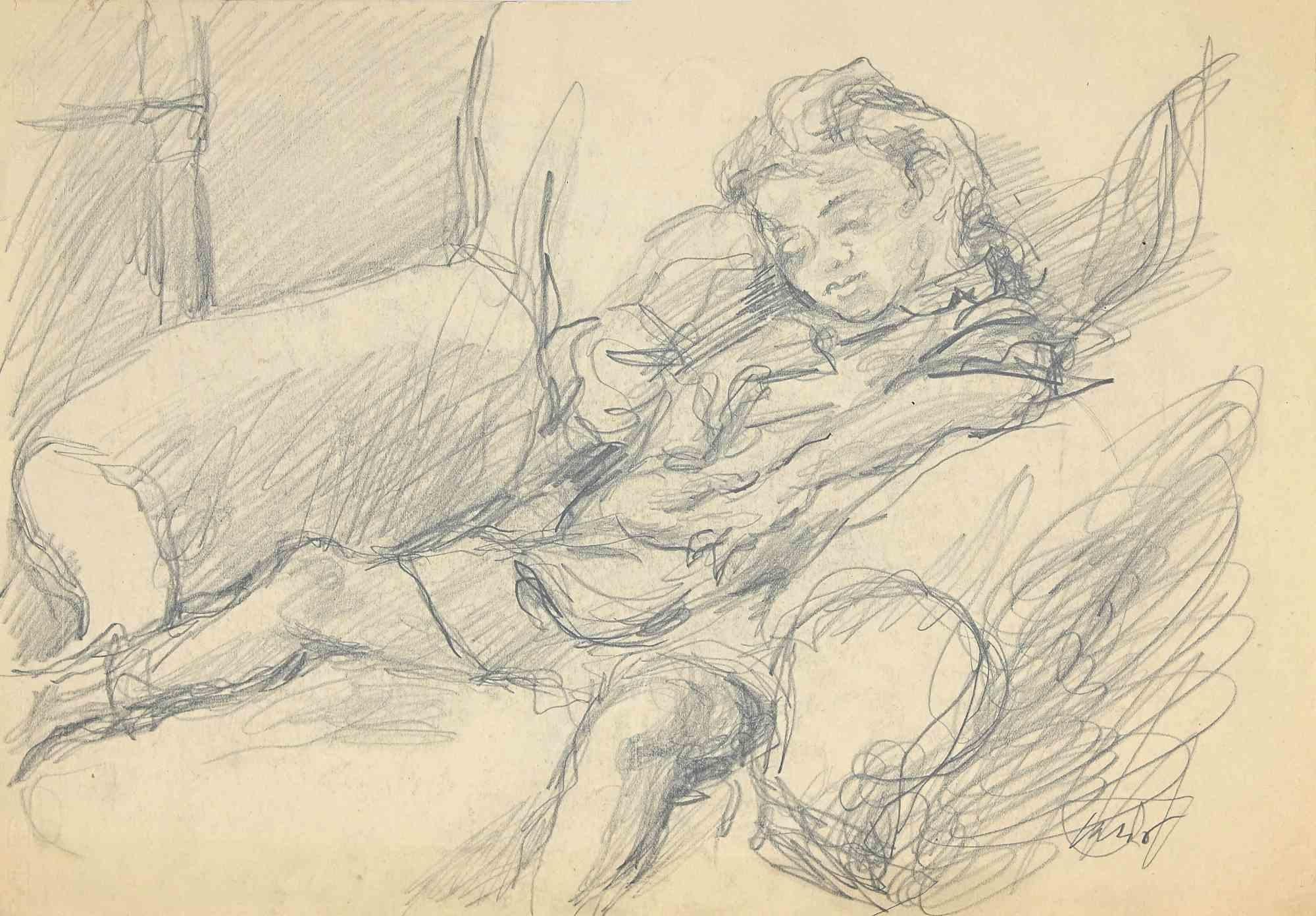 Mädchen -  Zeichnung von Mino Maccari – Mitte des 20. Jahrhunderts