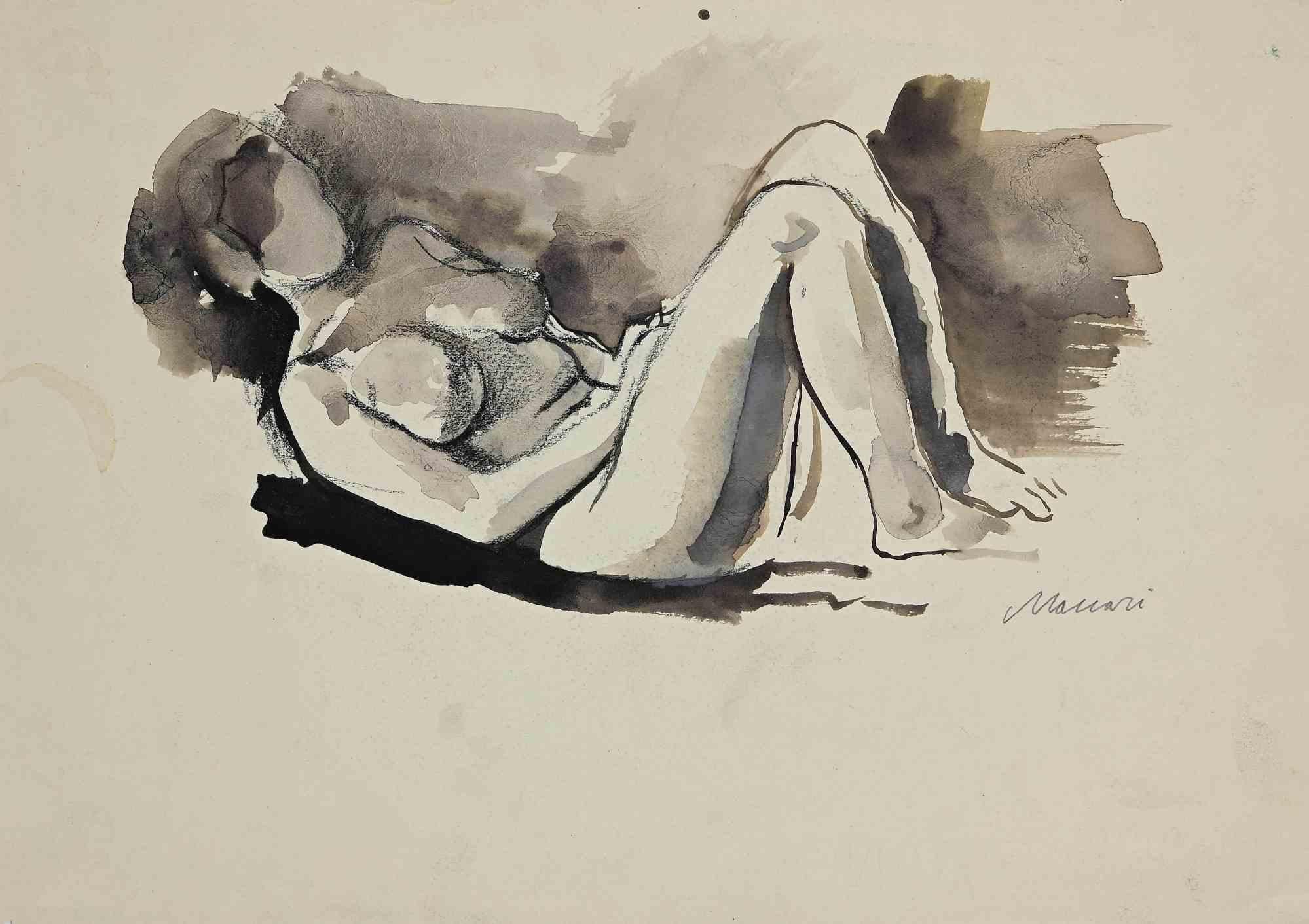 Reclined Nude is an original China Ink Drawing and Watercolour realized by Mino Maccari in mid-20th century.

Good condition on a yellowed paper.

Hand-signed by the artist with pencil.

Mino Maccari (1898-1989) was an Italian writer, painter,