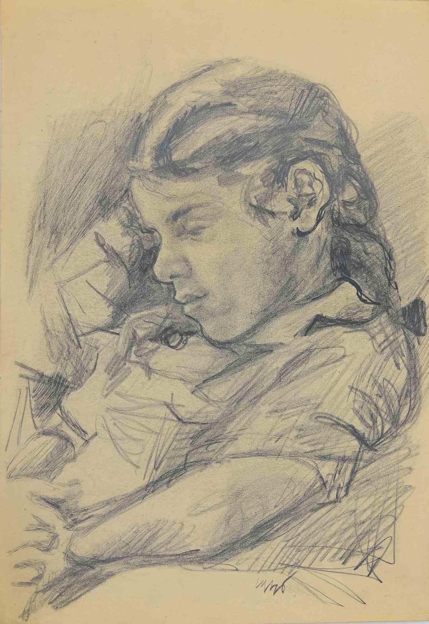 Das Mädchen – Zeichnung von Mino Maccari – Mitte des 20. Jahrhunderts