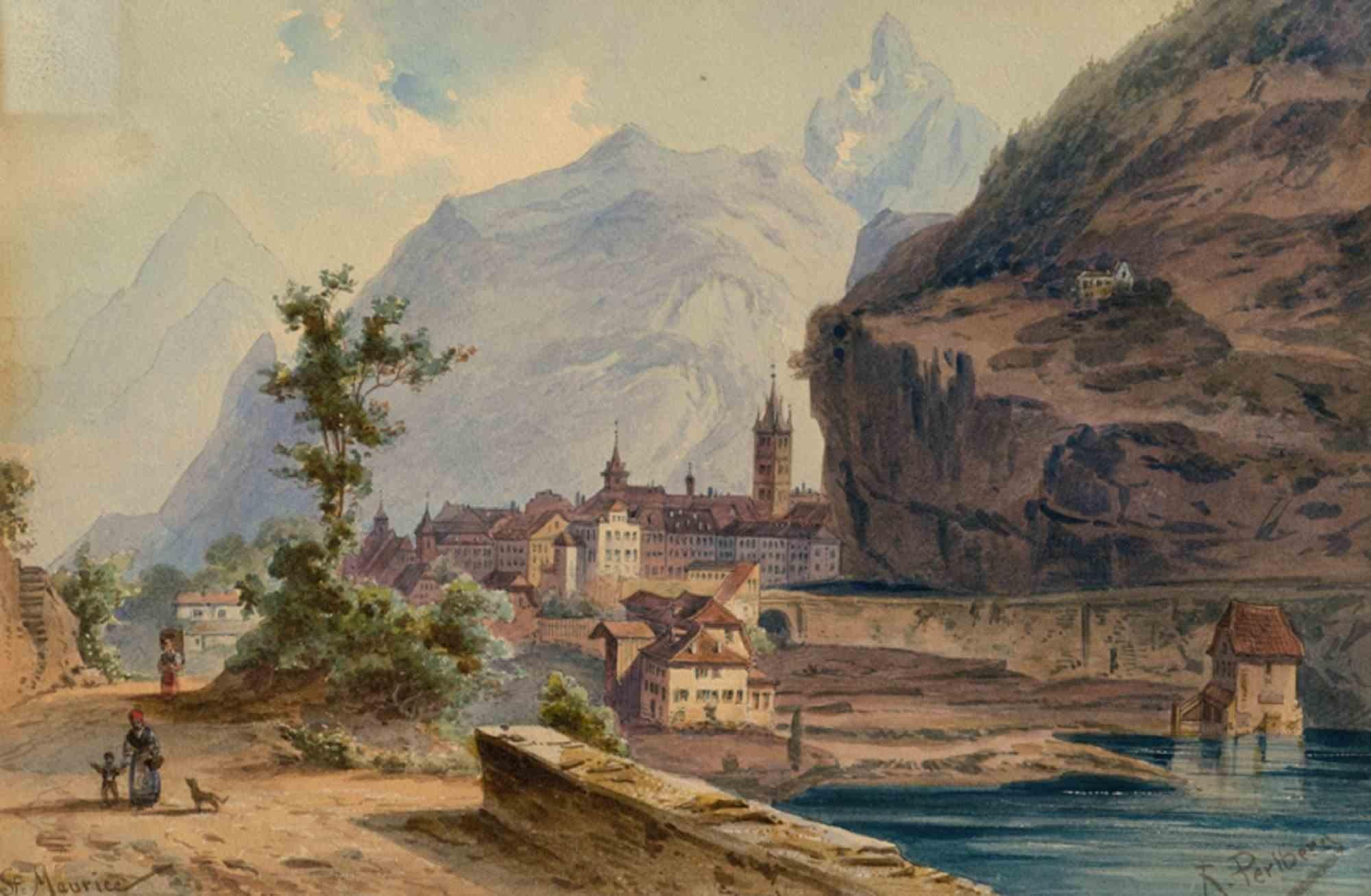 Friedrich Perlberg Figurative Art - View Over the Rhône to St. Maurice- Watercolor by F. Perlberg - Mid 19th Century