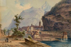 View Over the Rhne to St. Maurice – Ansicht über den Rhne – Aquarell von F. Perlberg – Mitte 19. Jahrhundert