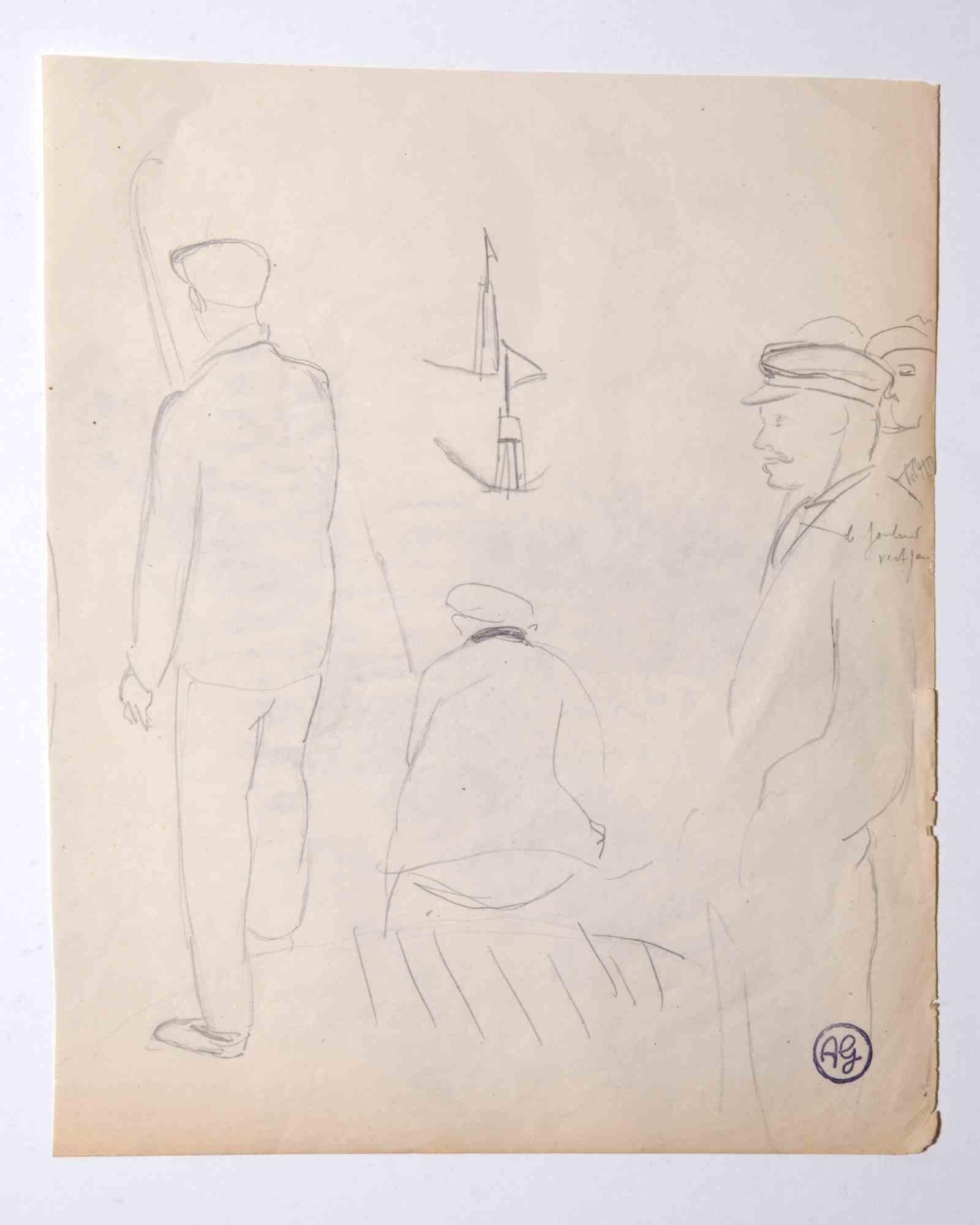 Unknown Figurative Art - Workers - Original Drawing - Mid 20th Century