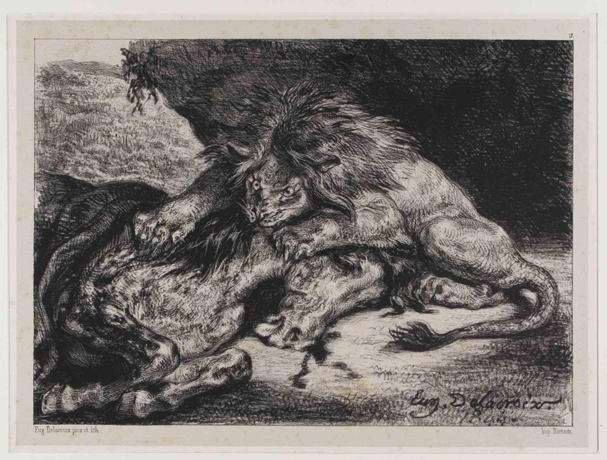 Eugene Delacroix Figurative Print - Lion Dévorant un Cheval - Original Lithograph by E. Delacroix - 1844