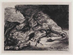 Lion Dévorant un Cheval - Original Lithograph by E. Delacroix - 1844