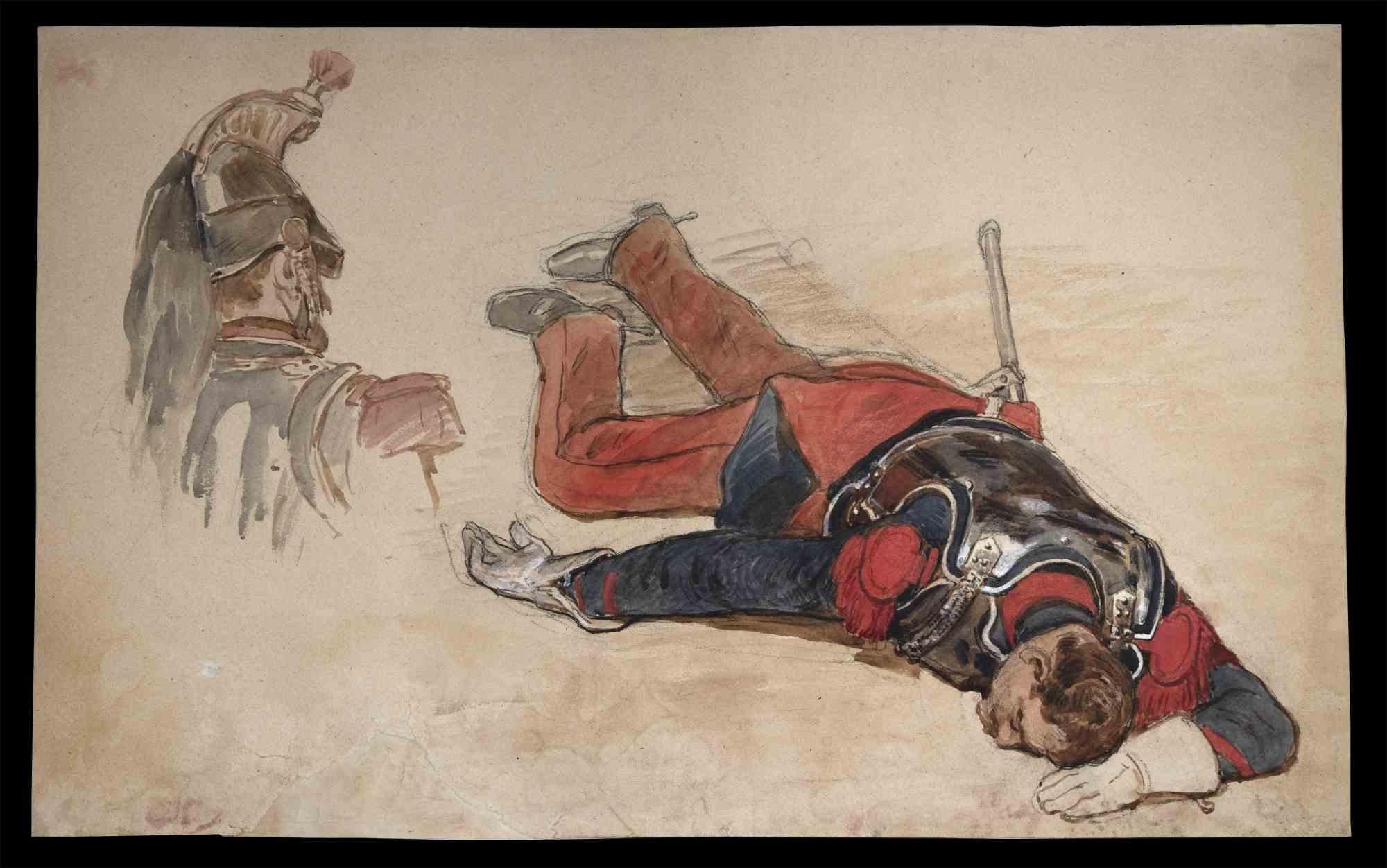 Dead Soldier – Originalzeichnung von Jules Cornillier – 19. Jahrhundert