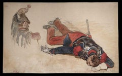 Le soldat mort - dessin original de Jules Cornillier - 19ème siècle