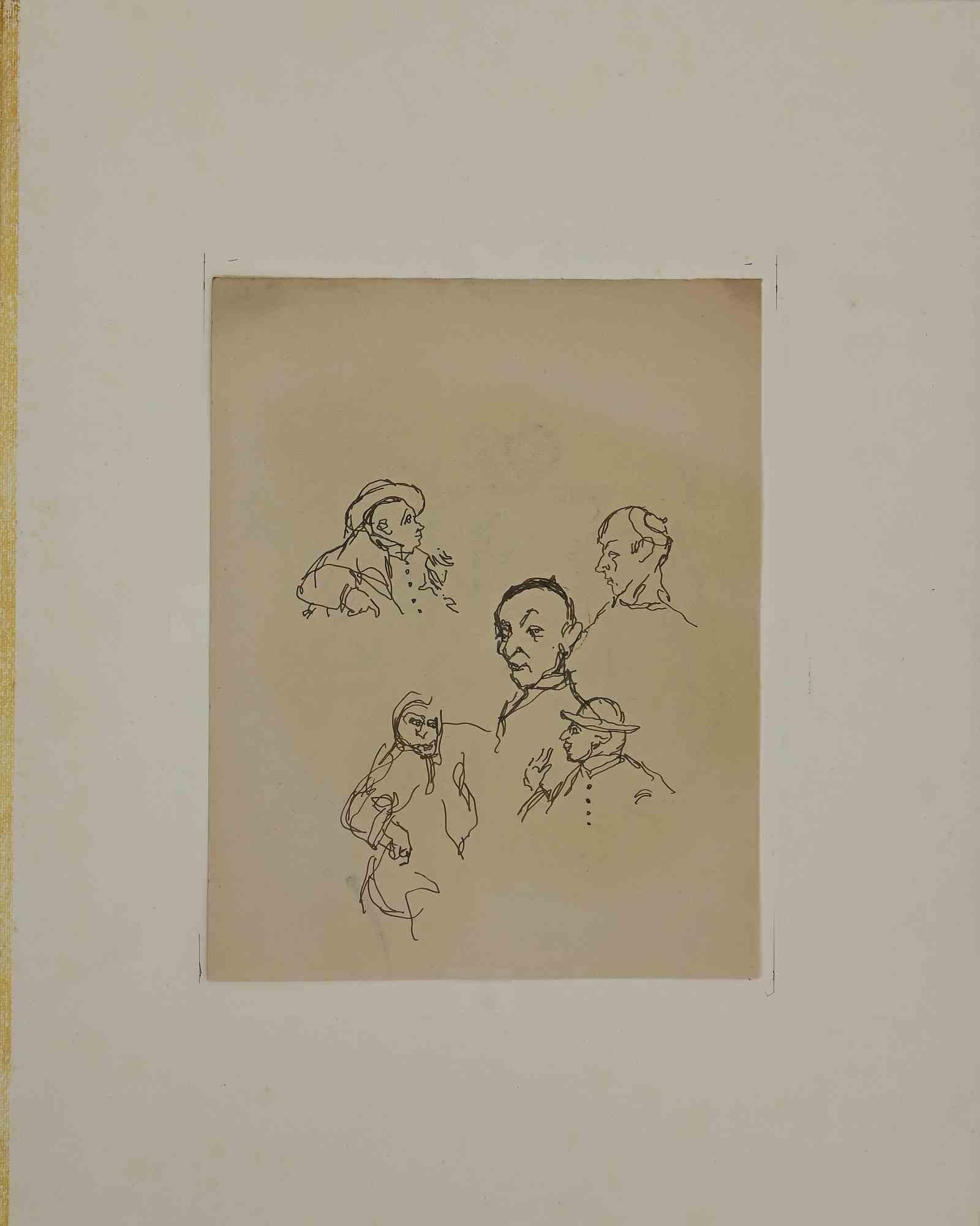 Portraits - Drawing by Mino Maccari - Mid 20th Century For Sale 1