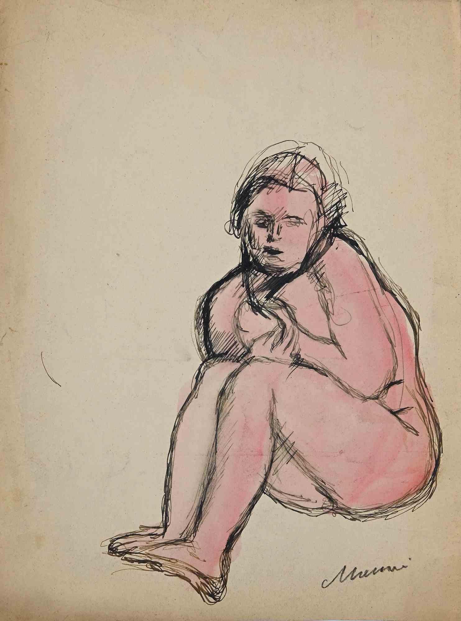 Crouched Nude - Drawing by Mino Maccari - Mid 20th Century