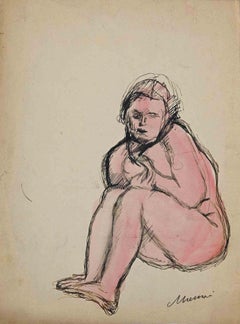 Crouched Nude - Original Drawing by Mino Maccari - Mid 20th Century