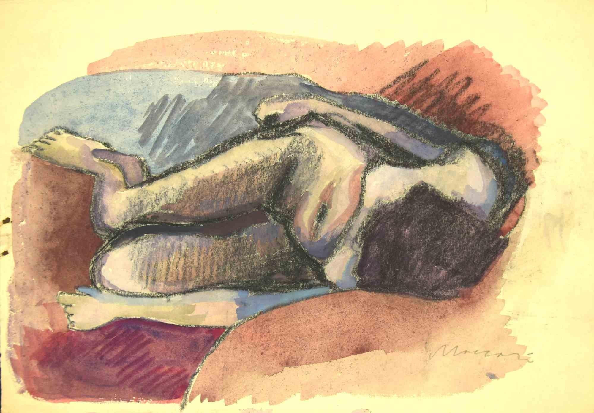 Reclined Nude is an original Charcoal and Watercolour Drawing realized by Mino Maccari in mid-20th century.

Good condition on a yellowed paper.

Hand-signed by the artist with pencil.

Mino Maccari (1898-1989) was an Italian writer, painter,