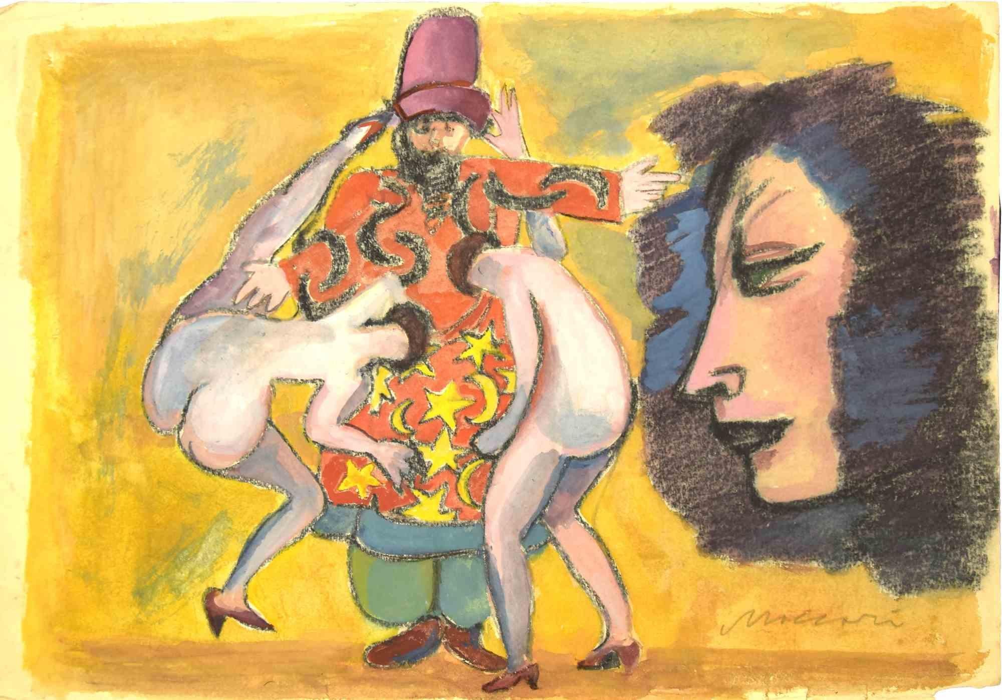 Magier und Akte ist eine Originalzeichnung in Kohle und Aquarell von Mino Maccari aus der Mitte des 20. Jahrhunderts.

Guter Zustand mit Ausnahme des eingerissenen Papiers am unteren Rand und einer fehlenden Ecke auf dem Papier.

Handsigniert vom