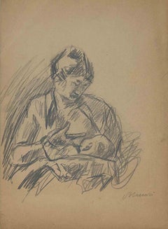 Madre e hijo - Dibujo de Mino Maccari - Mediados del siglo XX