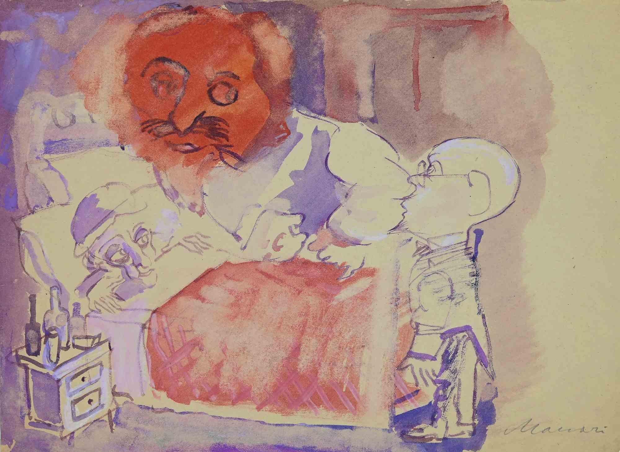 Consultation is a Watercolour realized by Mino Maccari in mid-20th century.

Good condition on a yellowed paper.

Hand-signed by the artist with pencil.

Mino Maccari (1898-1989) was an Italian writer, painter, engraver and journalist, winner the