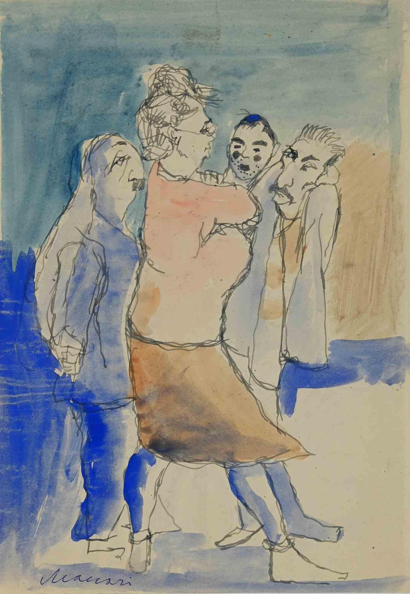 Family Consultation is an original China Ink and Watercolour realized by Mino Maccari in mid-20th century.

Good condition on a yellowed paper.

Hand-signed by the artist with pencil.

Mino Maccari (1898-1989) was an Italian writer, painter,