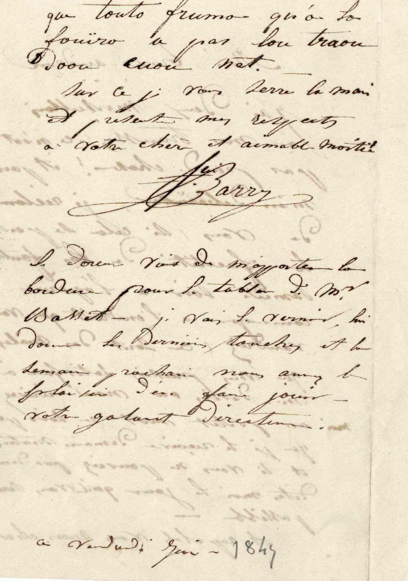 Autograph Letter by Francois-Pierre Barry - Original Manuscript - 1845 - Art by Unknown