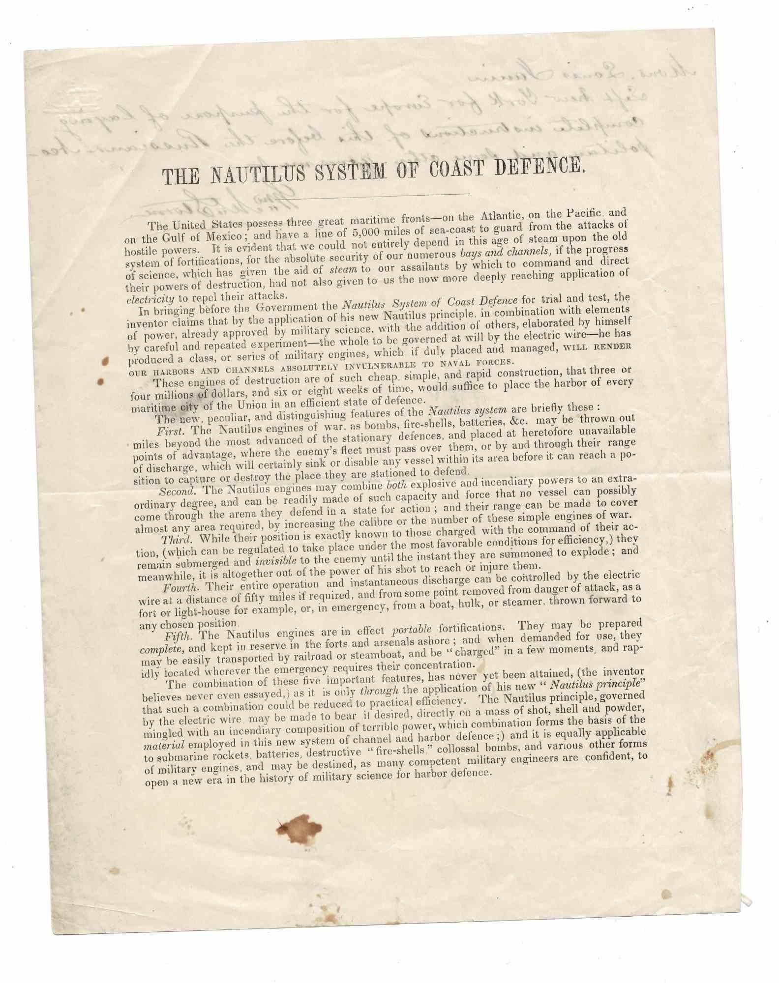 Nautilus - American Civil War Document - Original Manuscript - 1860s - Art by Unknown