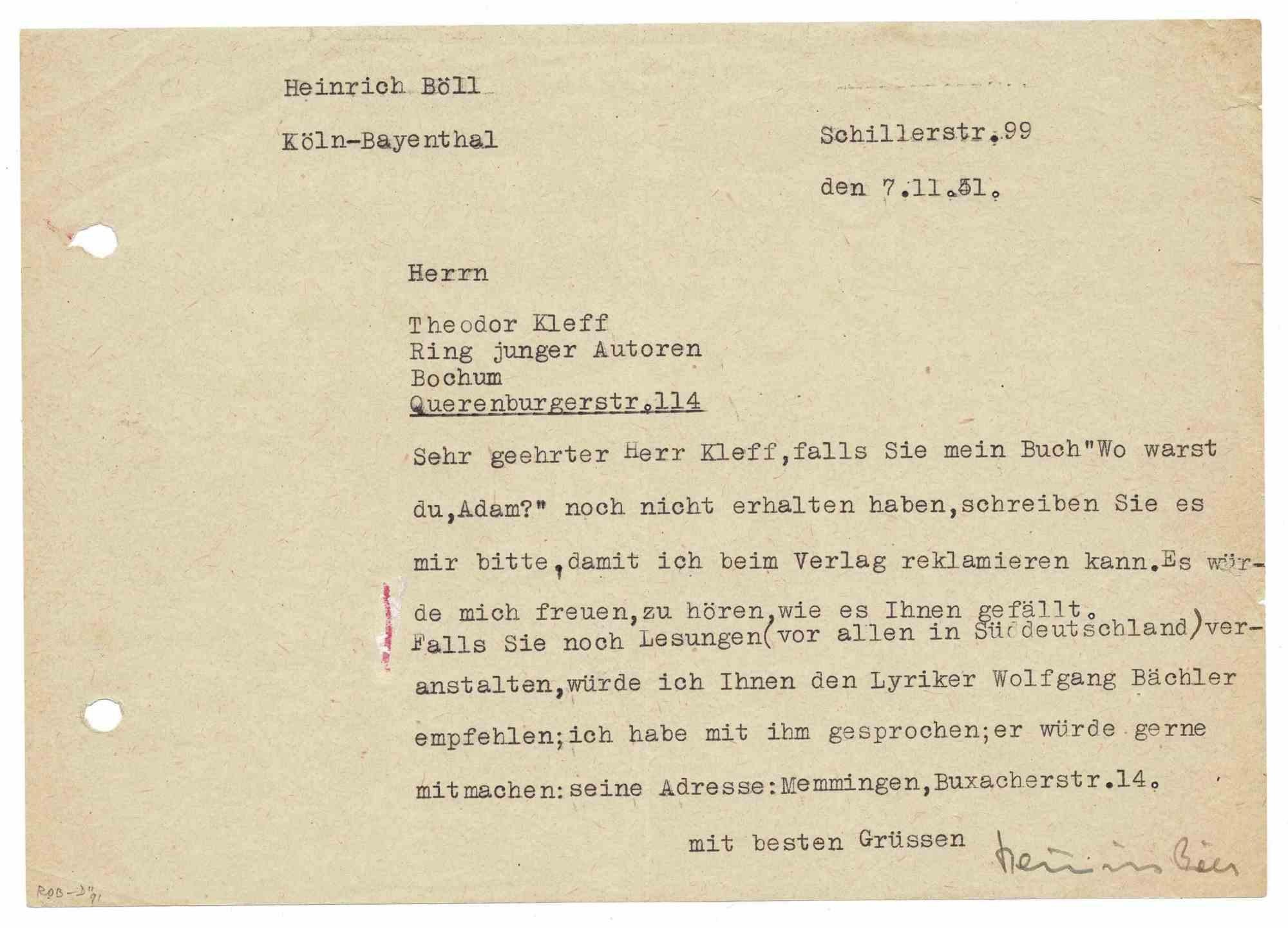 Typewritten and Signed Letter by Heinrich Böll - Original Manuscript - 1950s - Art by Unknown