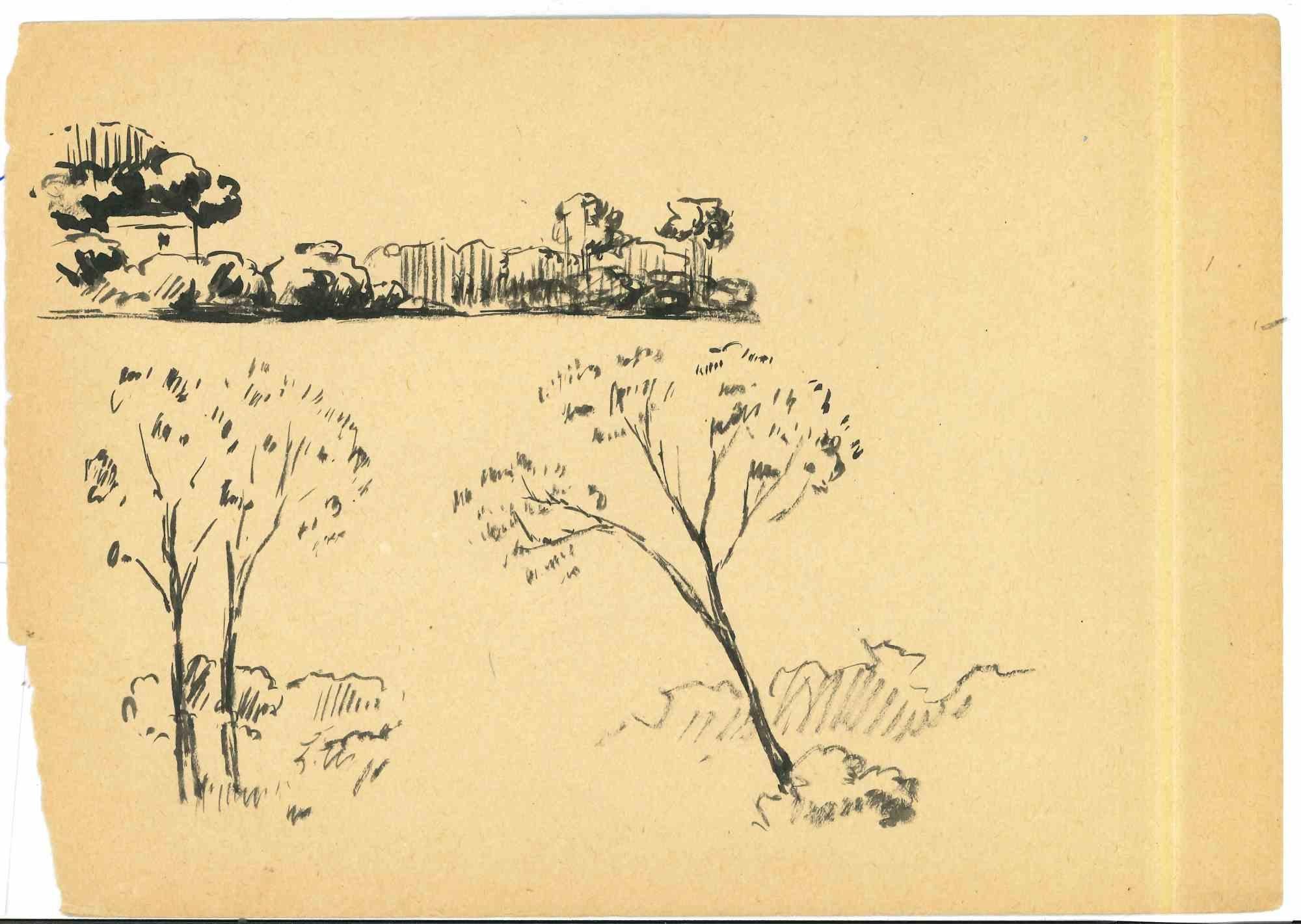 Landschaft - Originalzeichnung - Mitte des 20. Jahrhunderts