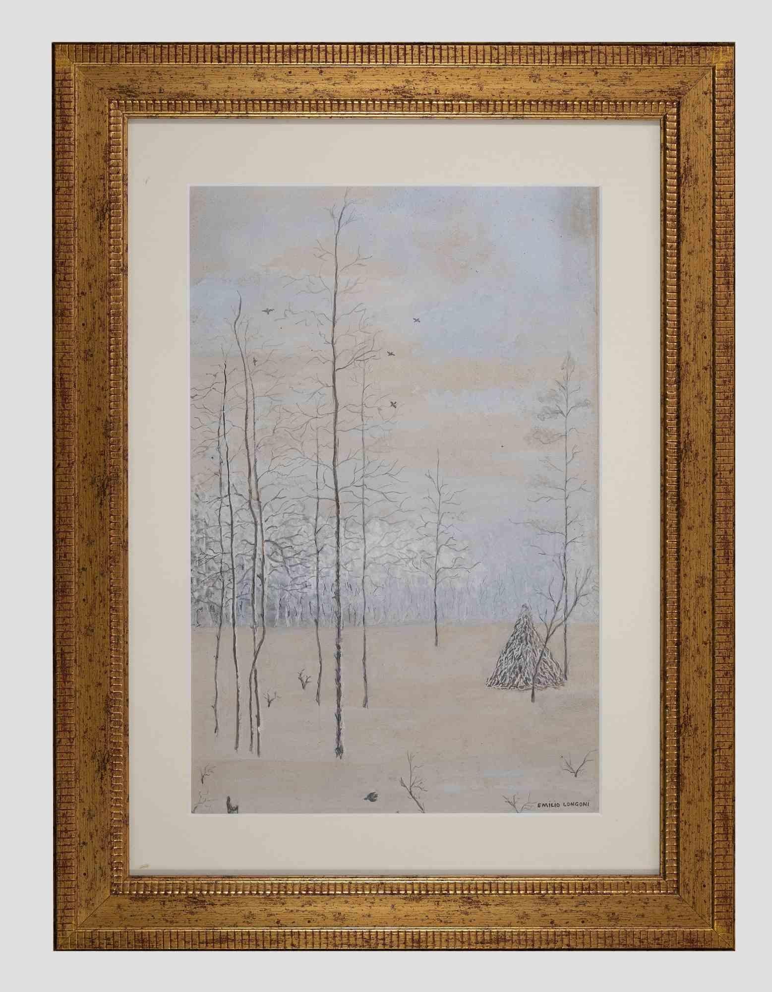 Winter landscape - Drawing by Emilio Longoni - 1920s