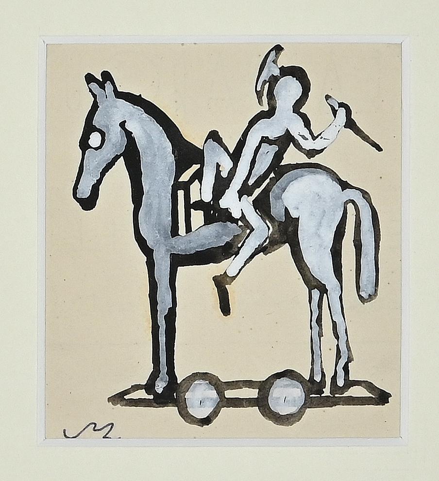 Trojanisches Pferd ist ein modernes Kunstwerk, das in den 1960er Jahren von dem italienischen Künstler Mino Maccari geschaffen wurde.  (Siena, 1898 - Rom, 1989).
Original-Tempera auf Papier.

Monogramm des Künstlers unten links.

Gute