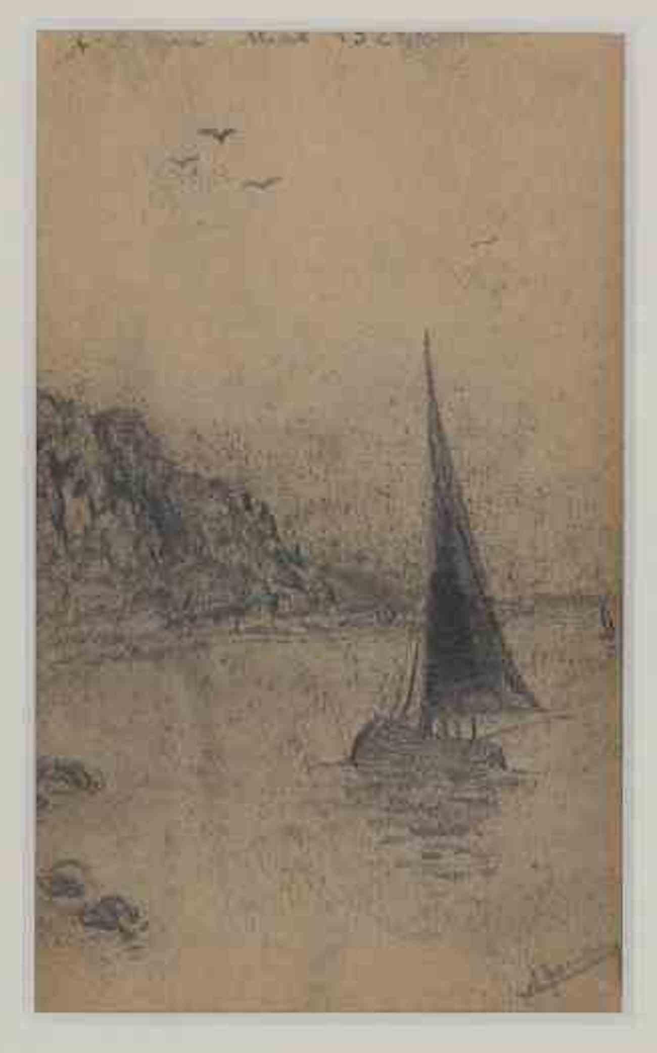 Unknown Landscape Art - Sail Boat - Original Drawing - mid-20th Century