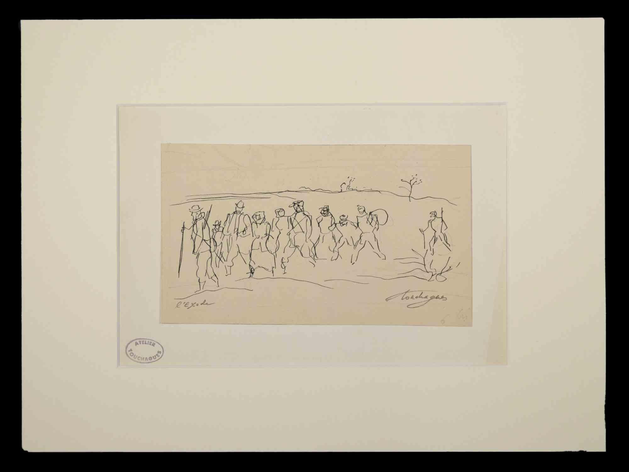 Exode - Original Drawing by Louis Touchages- Mid 20th Century