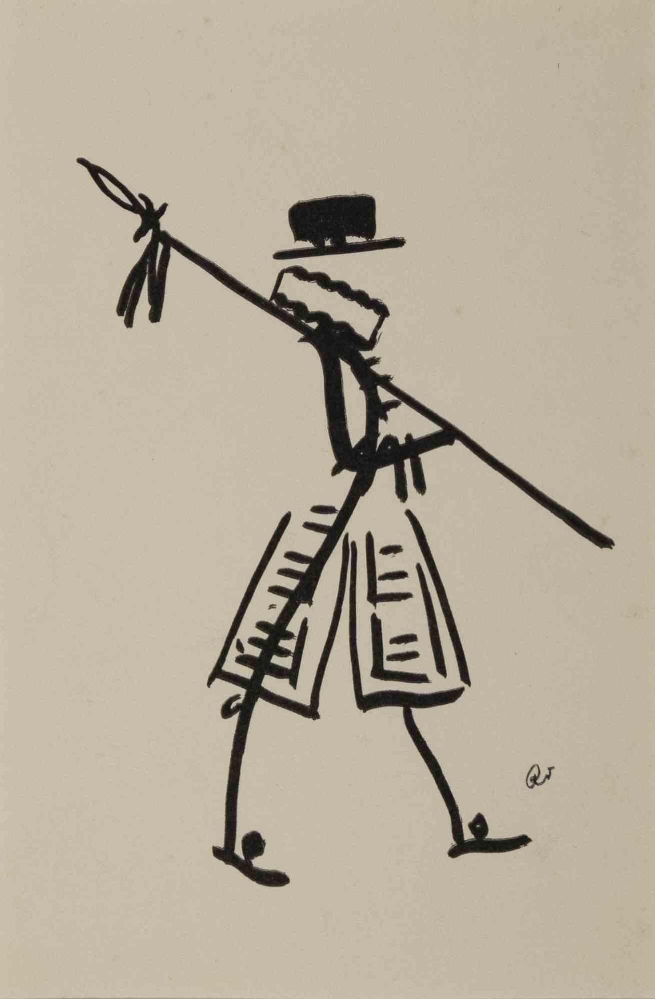 Unknown Figurative Art - Guard - Original Drawing - Mid-20th Century