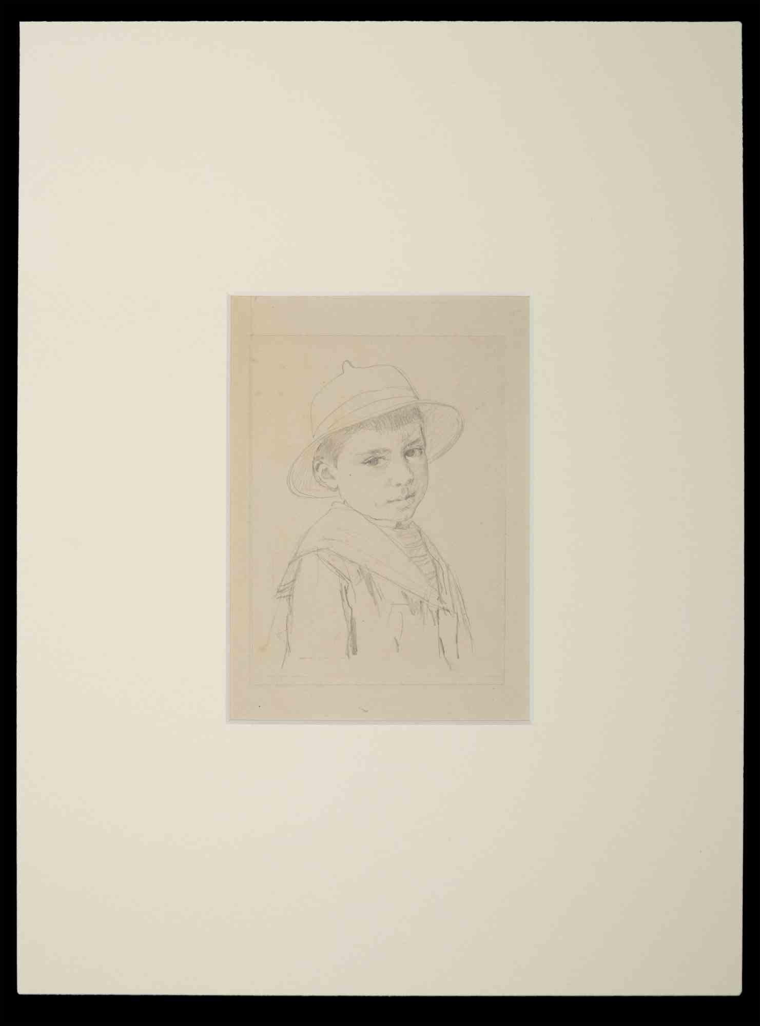 Portrait of Young Boy - Original Drawing by L.E. Adan - early 20th Century