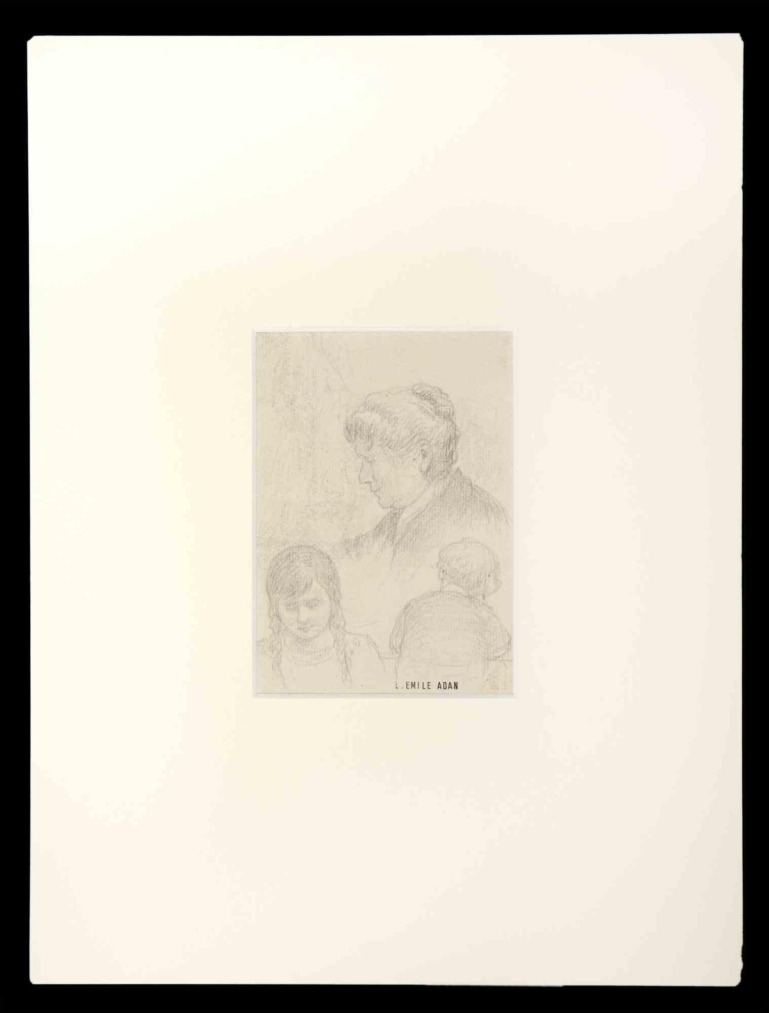 Figurative Art di Louis Emile Adan - Ritratto di nonna con nipoti - Disegno originale di L.E. Adan - Inizio 1900