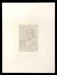 Portrait Grandmother with Nephews - Original Drawing by L.E. Adan - Early 1900