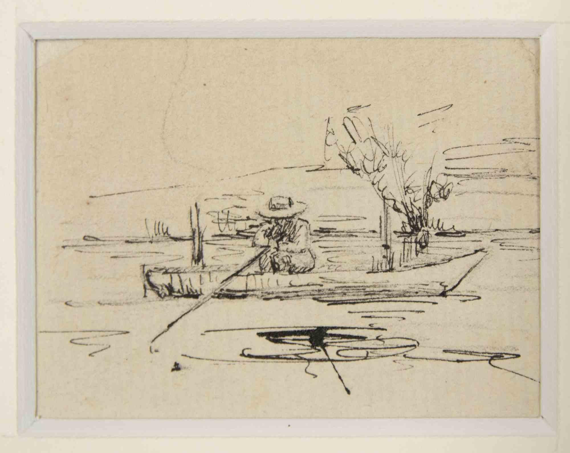 Unknown Figurative Art - Fisherman - Original Drawing - mid-20th Century
