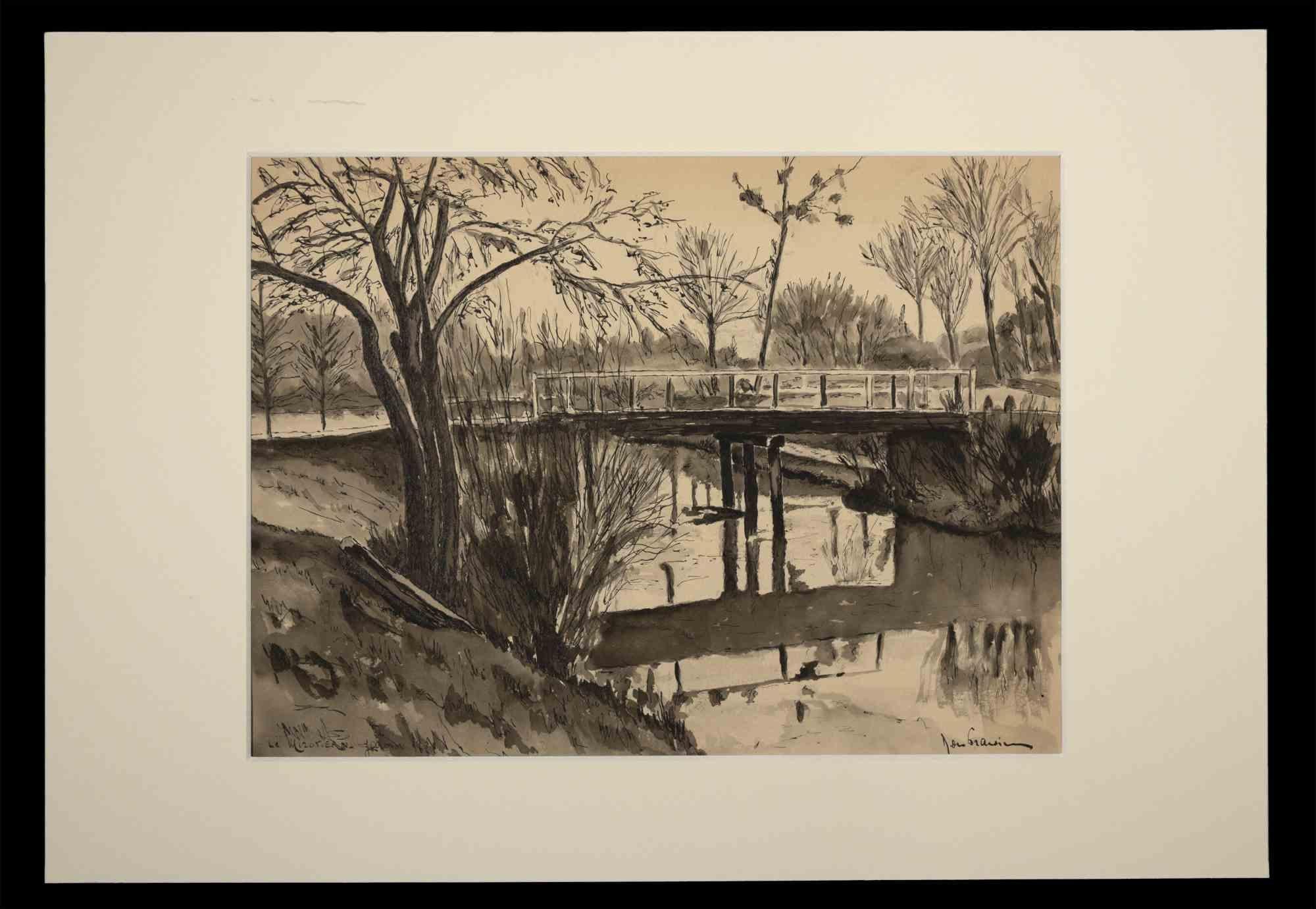 Landscape in France - Original Drawing - Mid-20th Century