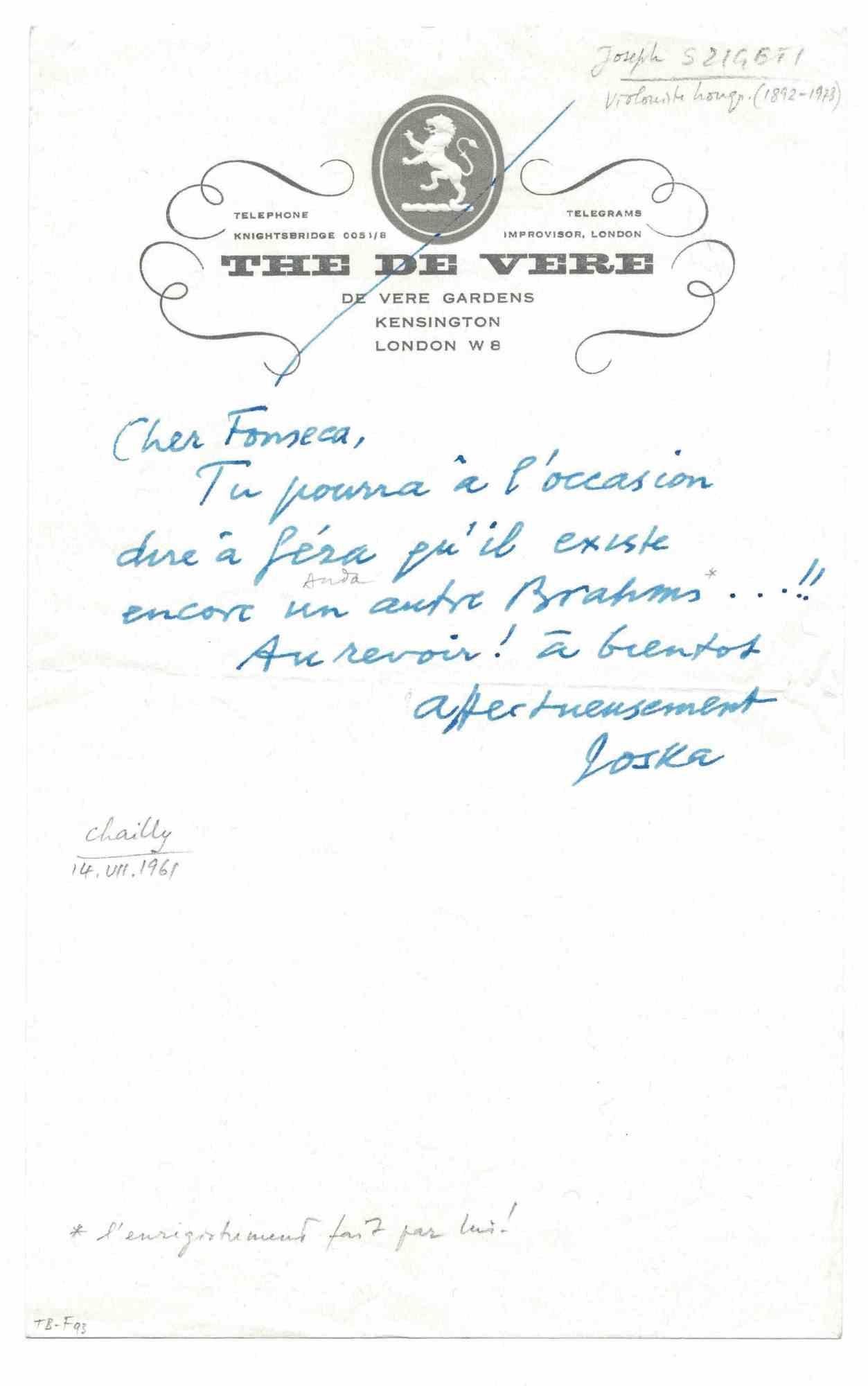 Autograph Letter signed, not dated [postmarked on the envelope “Chailly 14.VII.1961”] by the Hungarian-American violinist Joseph Szigeti (Budapest, 1892 - Luzern, 1973).

Szigeti writes to Jean-Pierre Fonda (a.k.a. Jean-Pierre Fournier, son of the