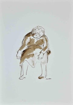 Old Woman Falling Asleep - Original Drawing by Roberto Cuccaro - 2000s