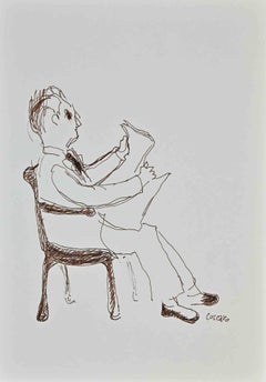 Reading News  - Drawing by Roberto Cuccaro - 2000s